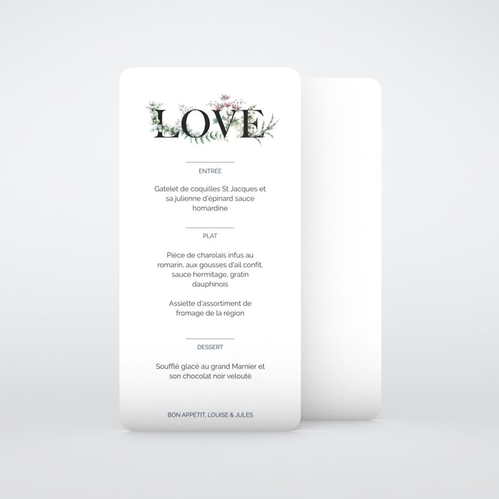 Carte Menu Mariage Amour Fleuri Planet Cards